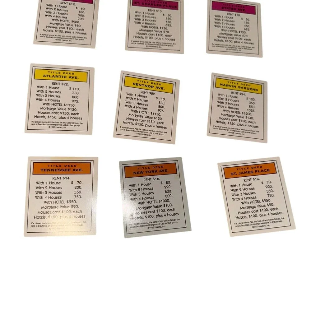 Vintage 1999 Monopoly Title Deed Cards Complete Set Replacement Parts White